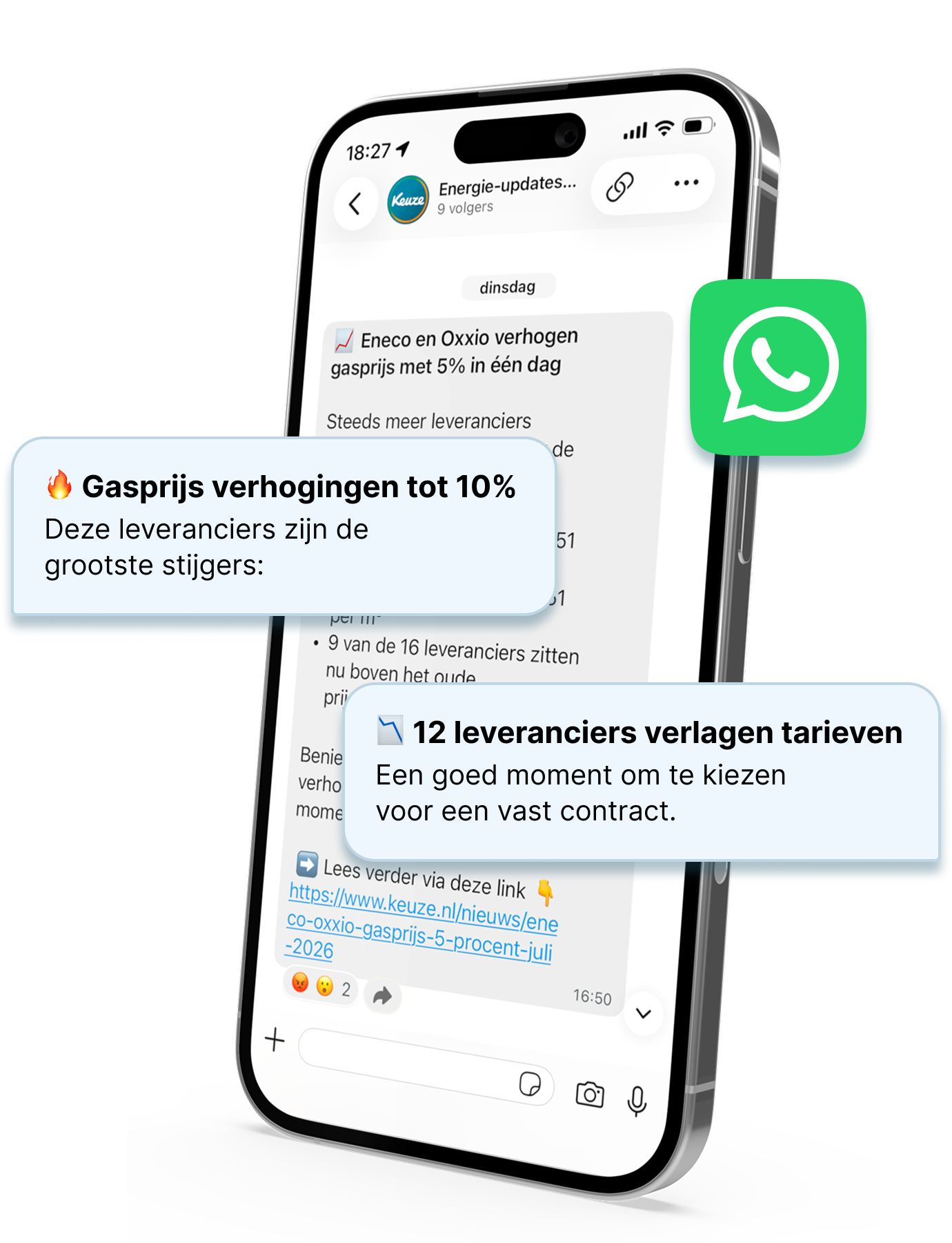 Telefoon met het WhatsApp-kanaal van Keuze.nl en voorbeelden van energie-updates